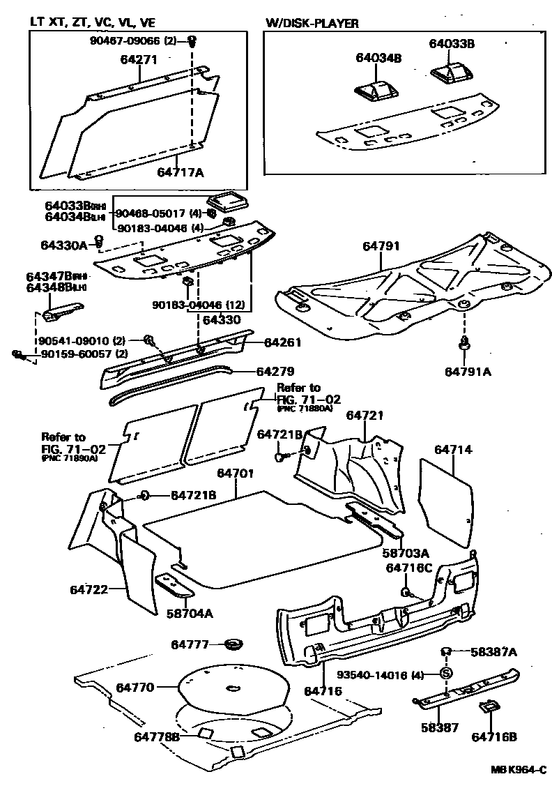 Toyota CAMRY 杂物箱板和行李箱垫 EPC diagram — MBK964C