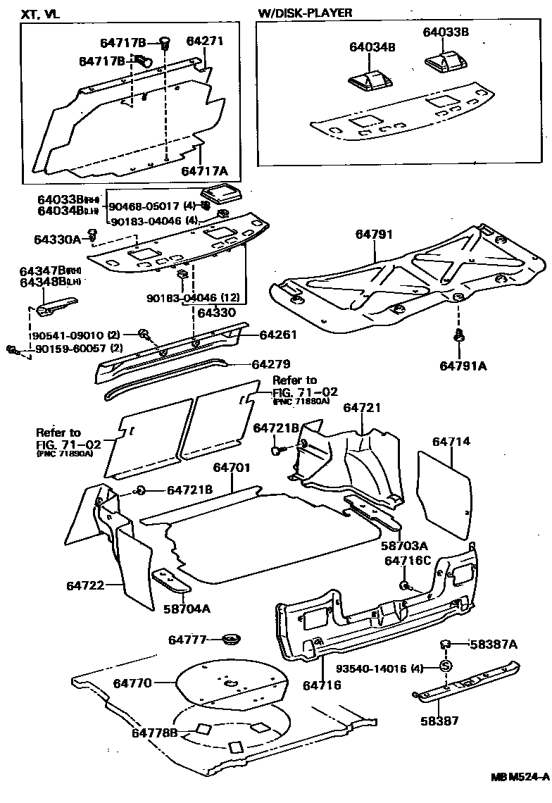Toyota CAMRY 杂物箱板和行李箱垫 EPC diagram — MBM524A