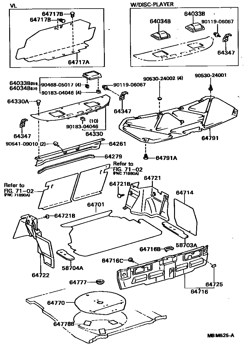 Toyota CAMRY 杂物箱板和行李箱垫 EPC diagram — MBM525A