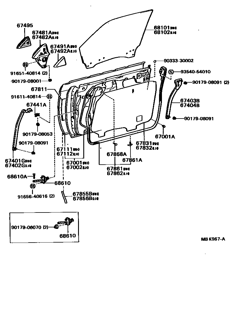 Toyota CAMRY 前门板和前门玻璃 EPC diagram — MBK967A
