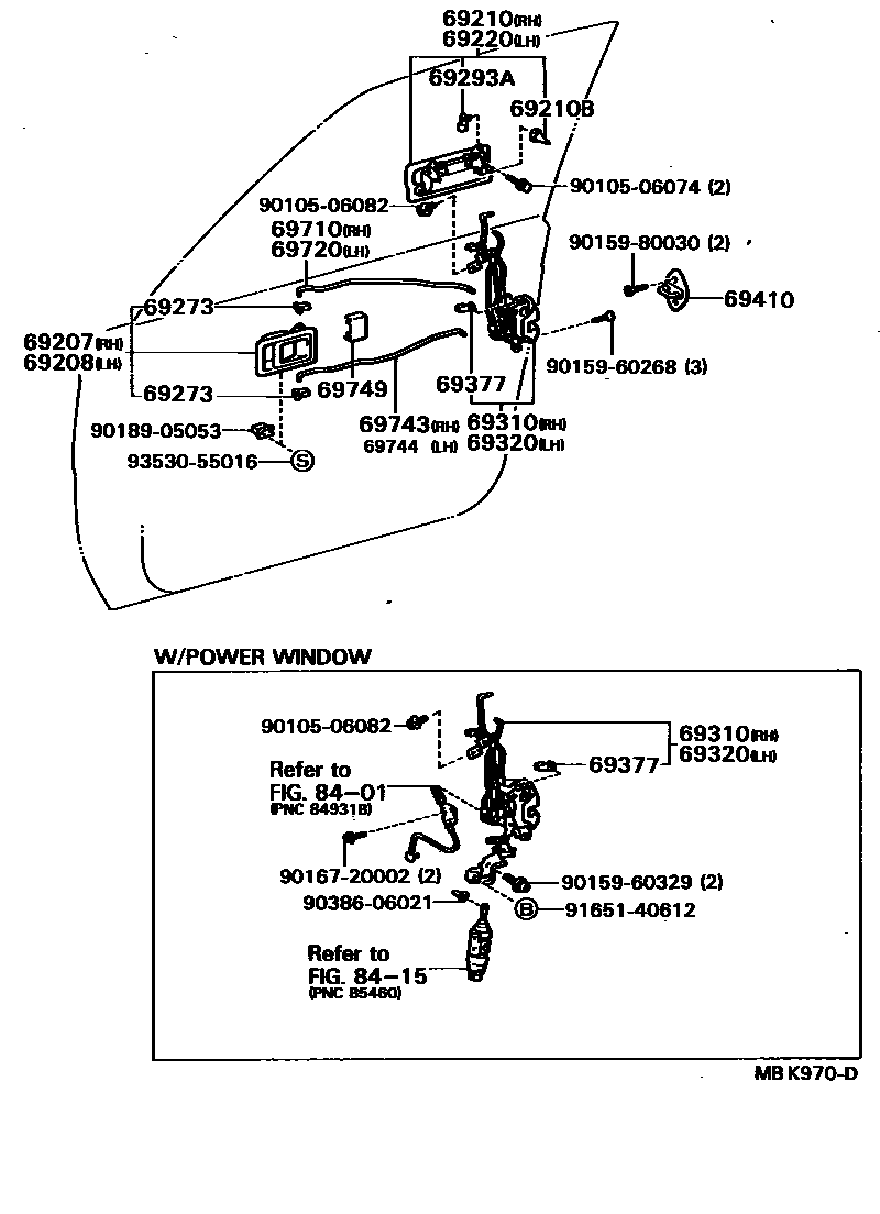 Toyota CAMRY 前门锁和车门把手 EPC diagram — MBK970D