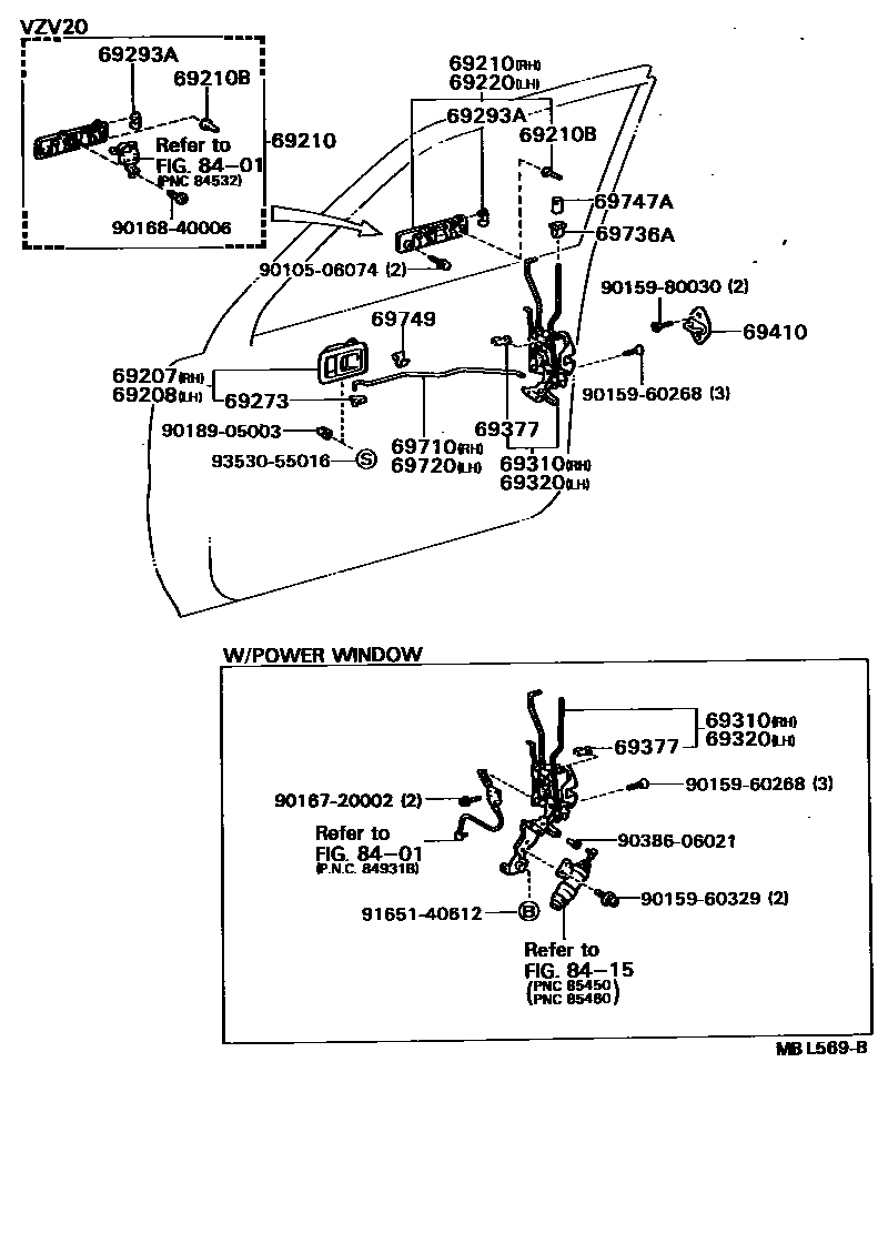 Toyota CAMRY 前门锁和车门把手 EPC diagram — MBL569B