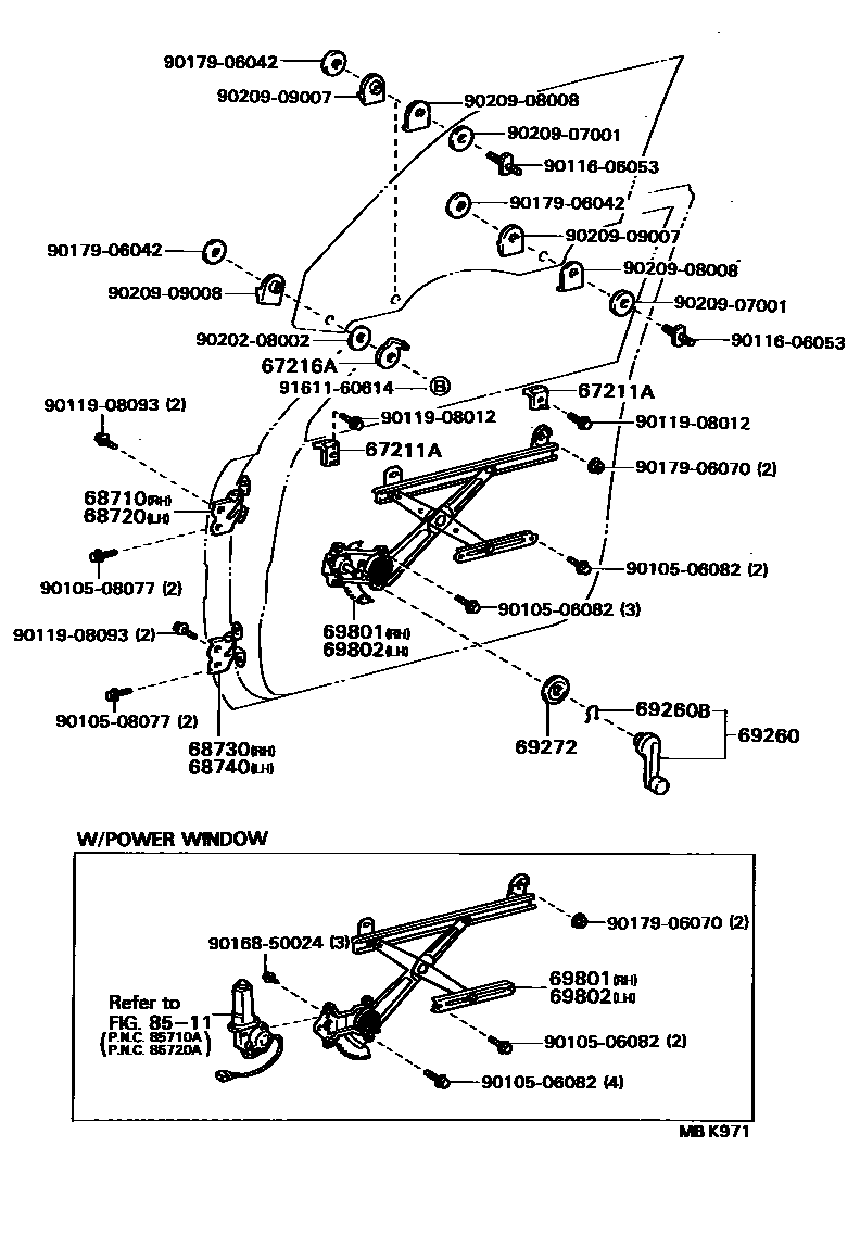 Toyota CAMRY 前门车窗升降器和合页 EPC diagram — MBK971