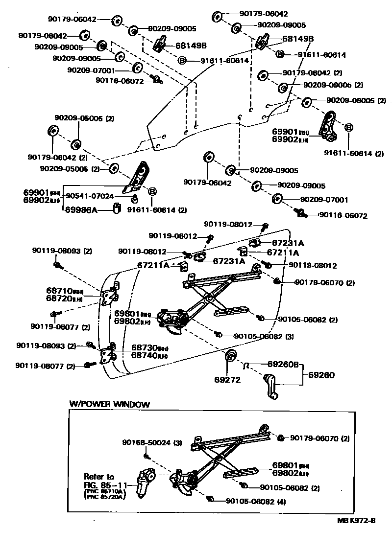 Toyota CAMRY 前门车窗升降器和合页 EPC diagram — MBK972B
