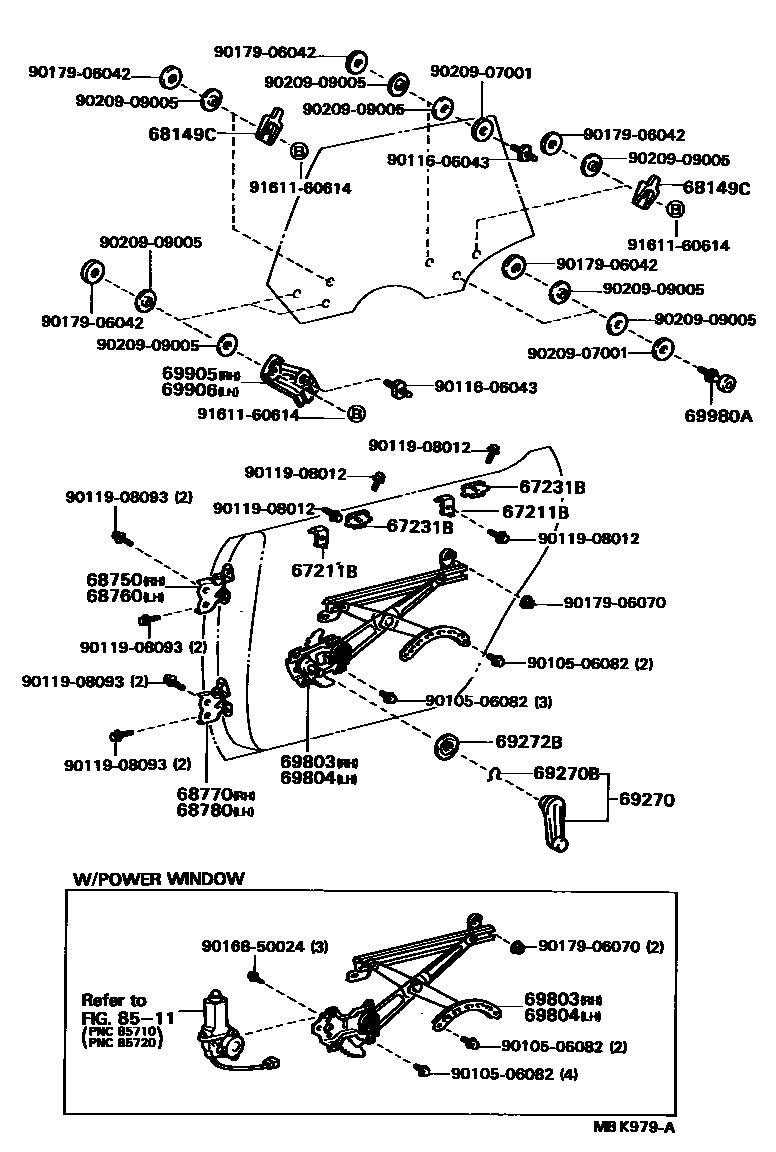 Toyota CAMRY 后门车窗升降器和合页 EPC diagram — MBK979A