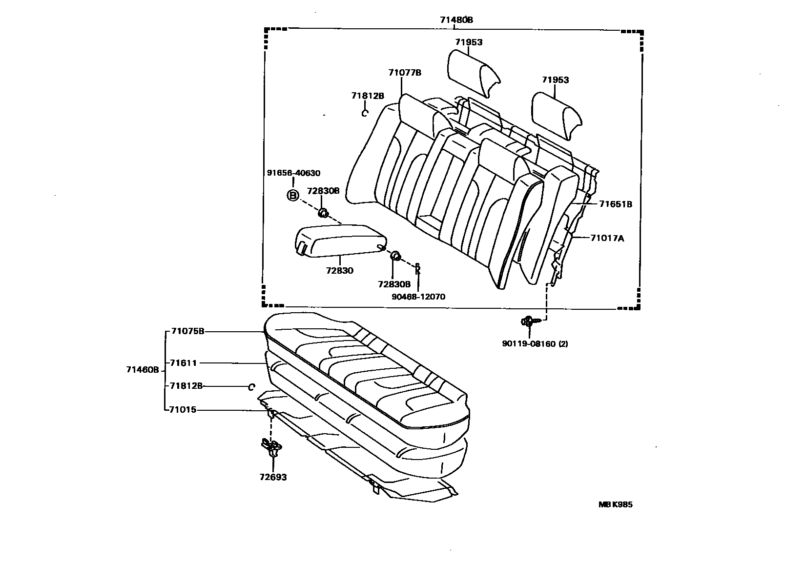 Toyota CAMRY 后排座椅和座椅滑轨 EPC diagram — MBK985