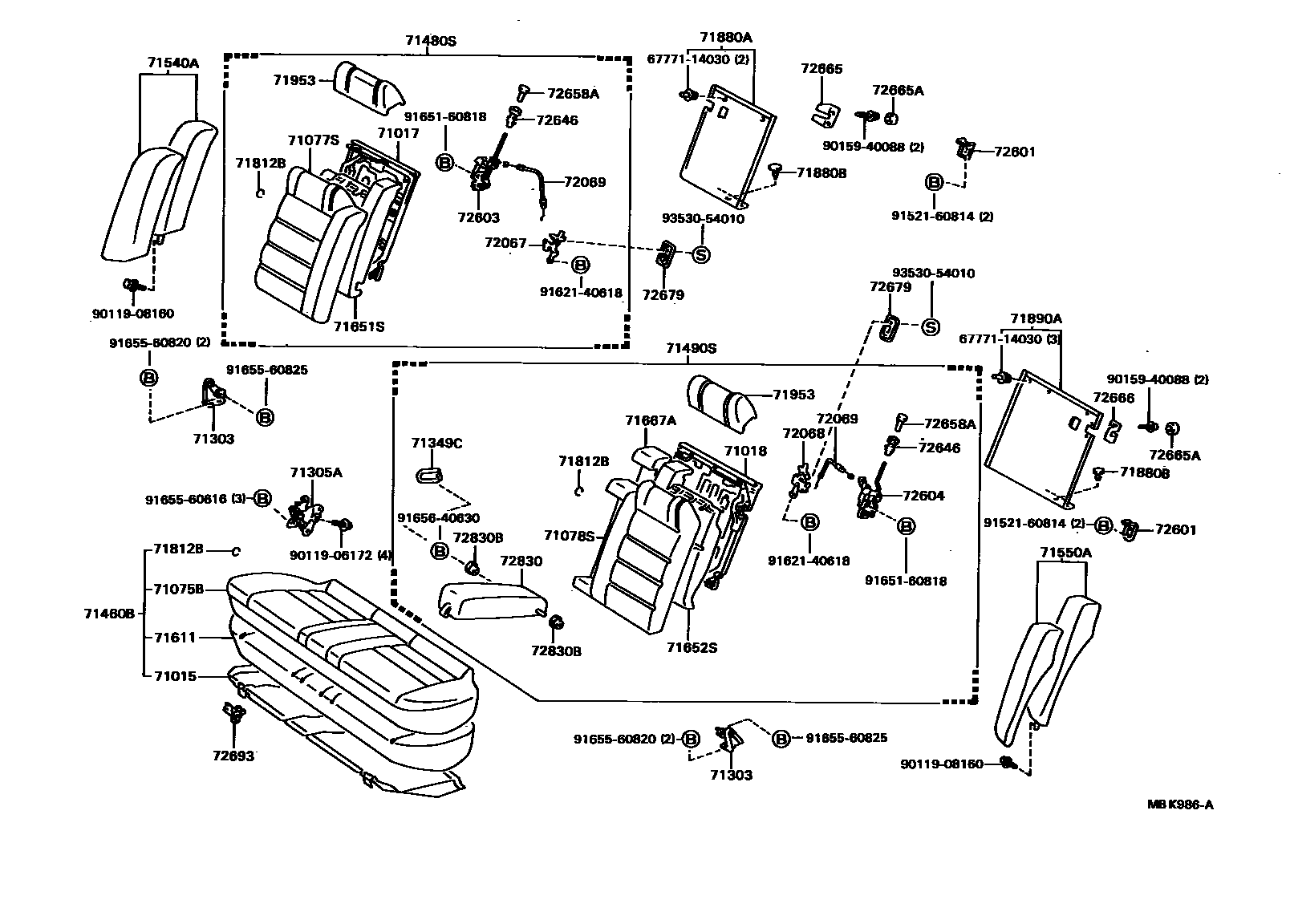 Toyota CAMRY 后排座椅和座椅滑轨 EPC diagram — MBK986A