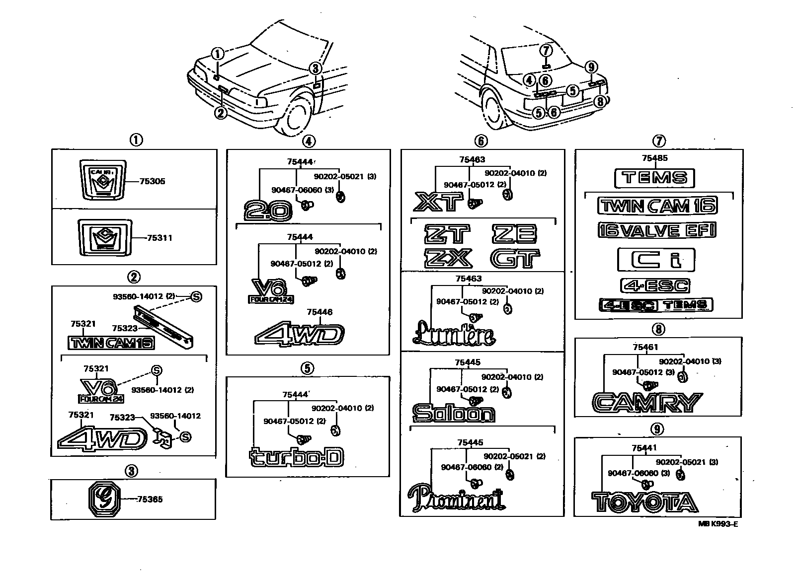 Toyota CAMRY 丰田徽标和铭牌(车外和车内) EPC diagram — MBK993E