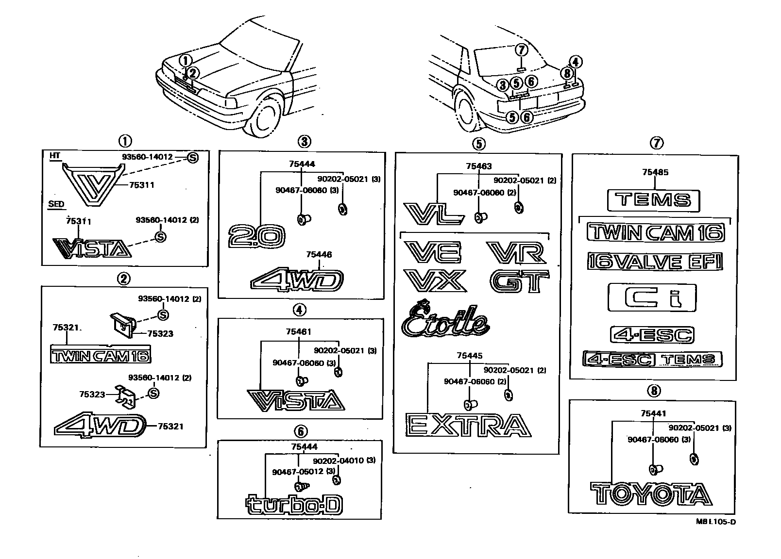 Toyota CAMRY 丰田徽标和铭牌(车外和车内) EPC diagram — MBL105D