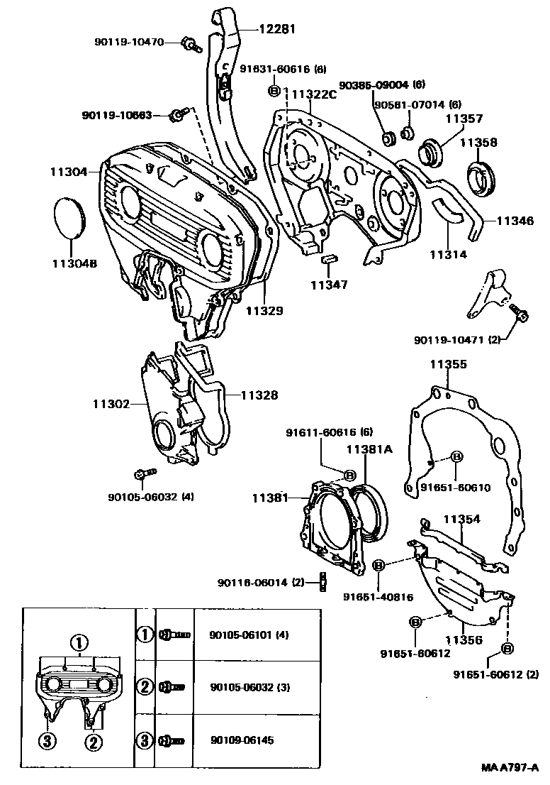 Toyota CAMRY Timing Gear Cover & Rear End Plate EPC diagram — MAA797A