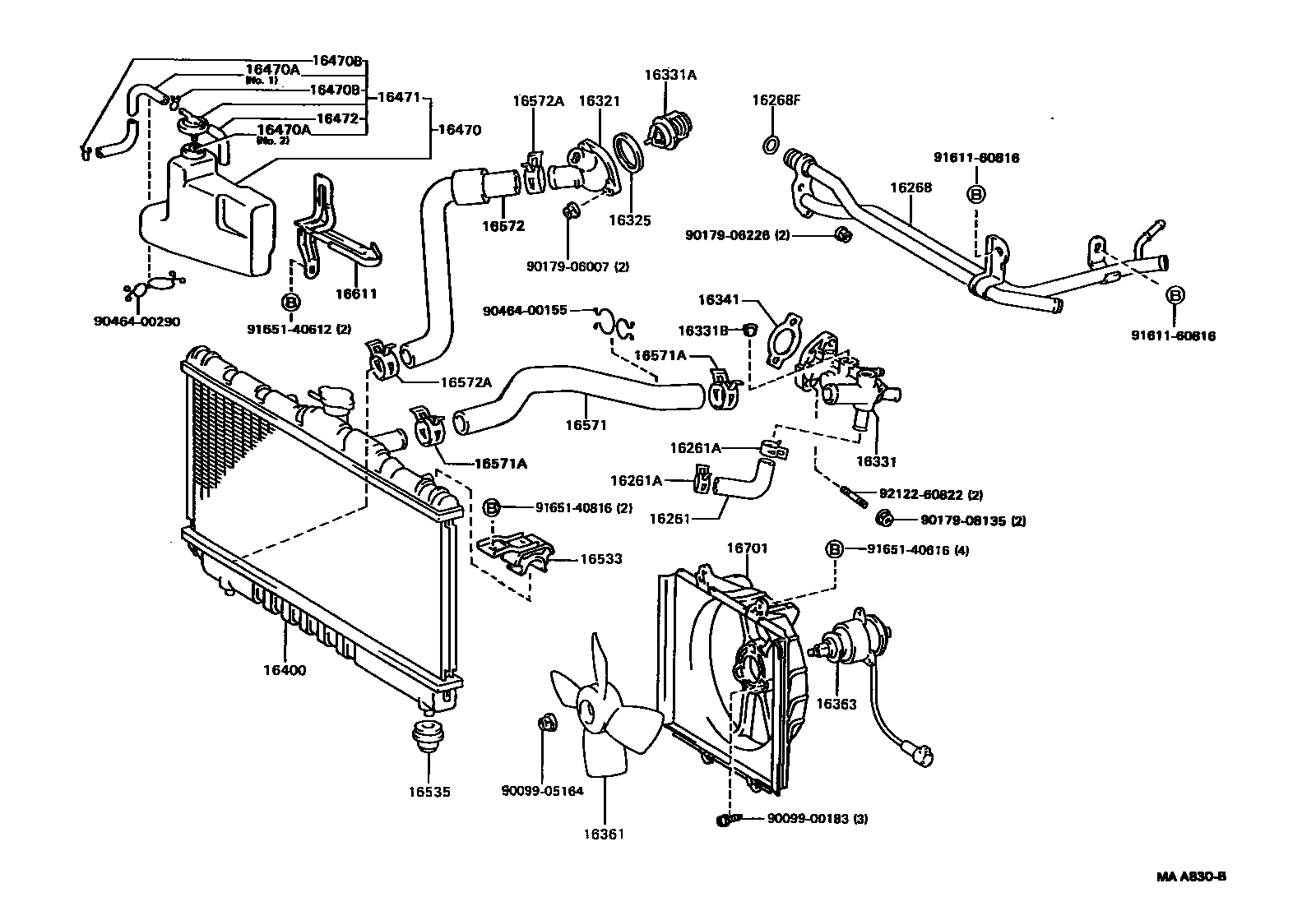 Toyota CAMRY RADIATOR & WATER OUTLET EPC diagram — MAA830B