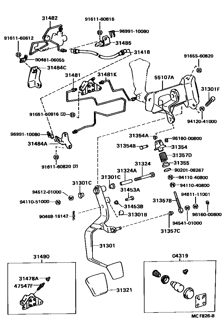 Toyota CAMRY 离合器踏板和挠性软管 EPC diagram — MCF826B
