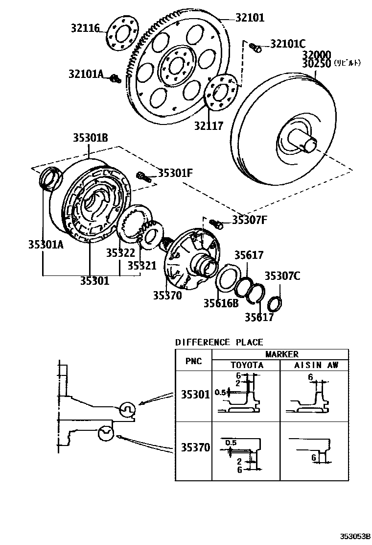 Toyota CAMRY 变矩器、前油泵和链条(ATM) EPC diagram — 353053B