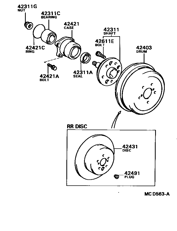 Toyota CAMRY 后桥半轴和后桥轮毂 EPC diagram — MCD563A