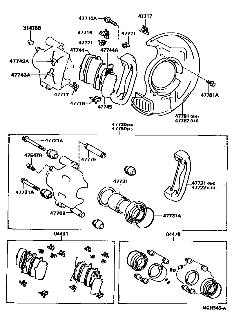 Toyota CAMRY 前盘式制动器卡钳和防尘罩 EPC diagram — MCH545A