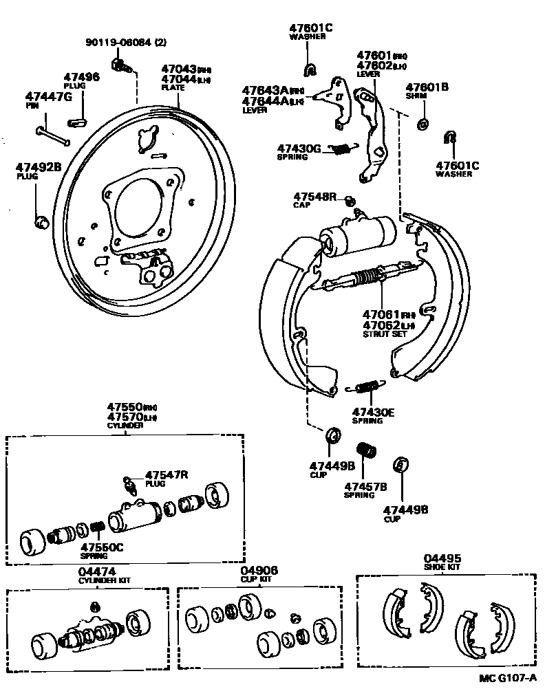 Toyota CAMRY 后鼓式制动器分泵和底板 EPC diagram — MCG107A