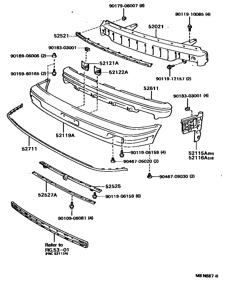 Toyota CAMRY 前保险杠及附件 EPC diagram — MBN887B