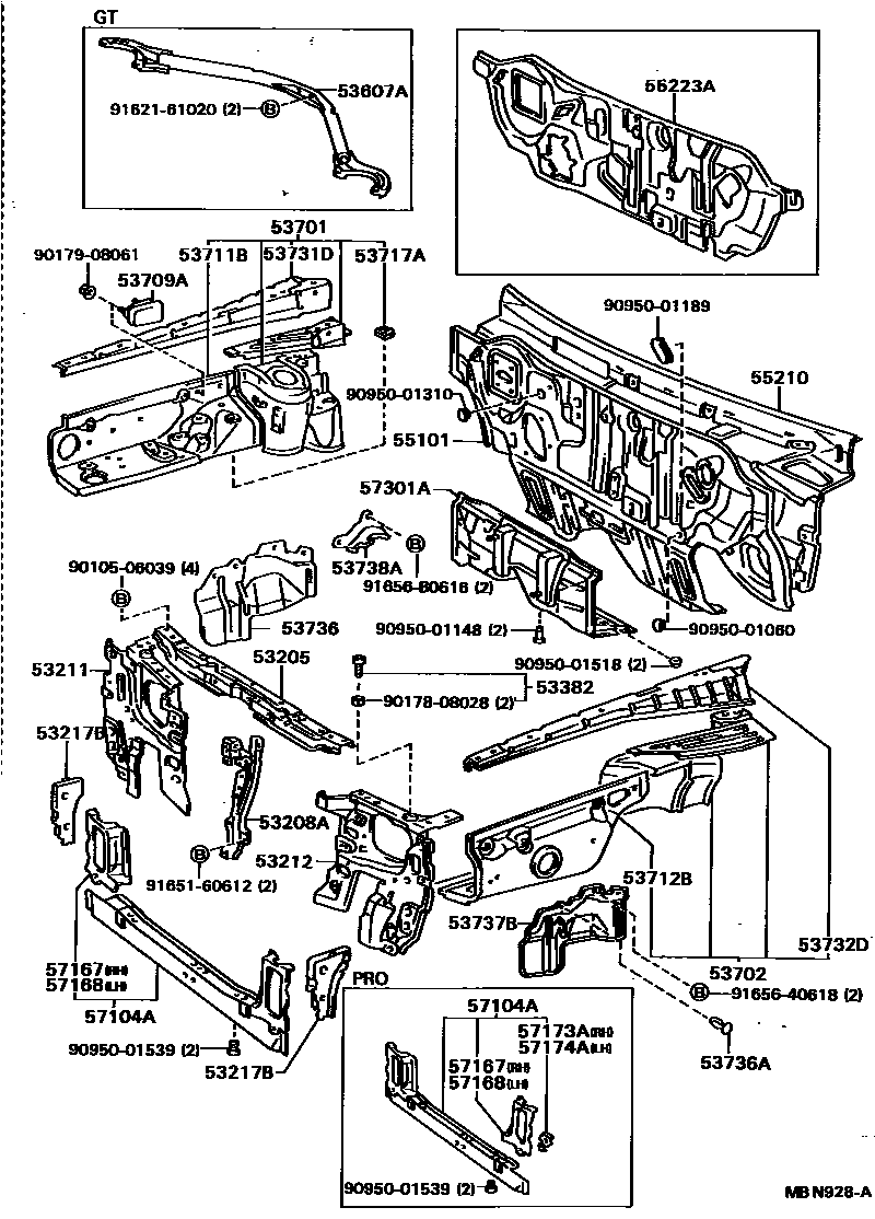 Toyota CAMRY 前翼子板挡泥板和前围板 EPC diagram — MBN928A