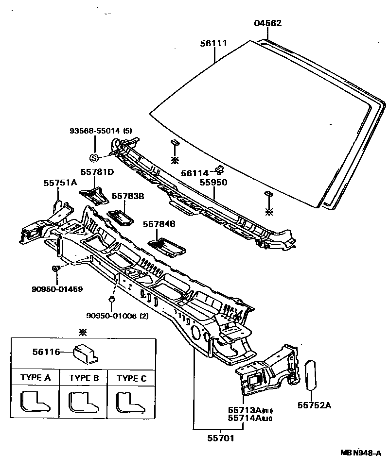 Toyota CAMRY 前围板和挡风玻璃 EPC diagram — MBN948A