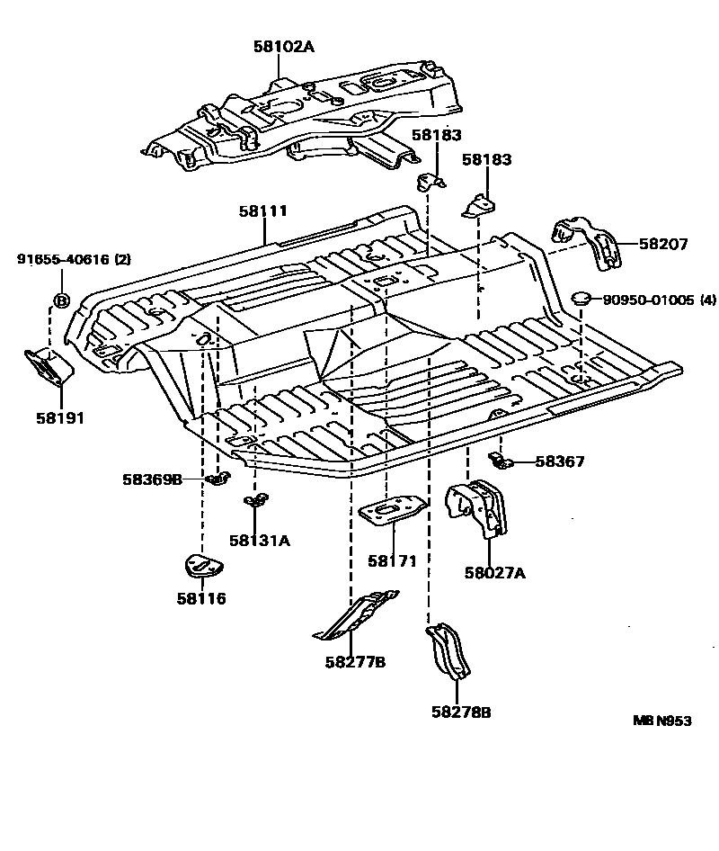 Toyota CAMRY 浅盘形地板和车身下背板 EPC diagram — MBN953