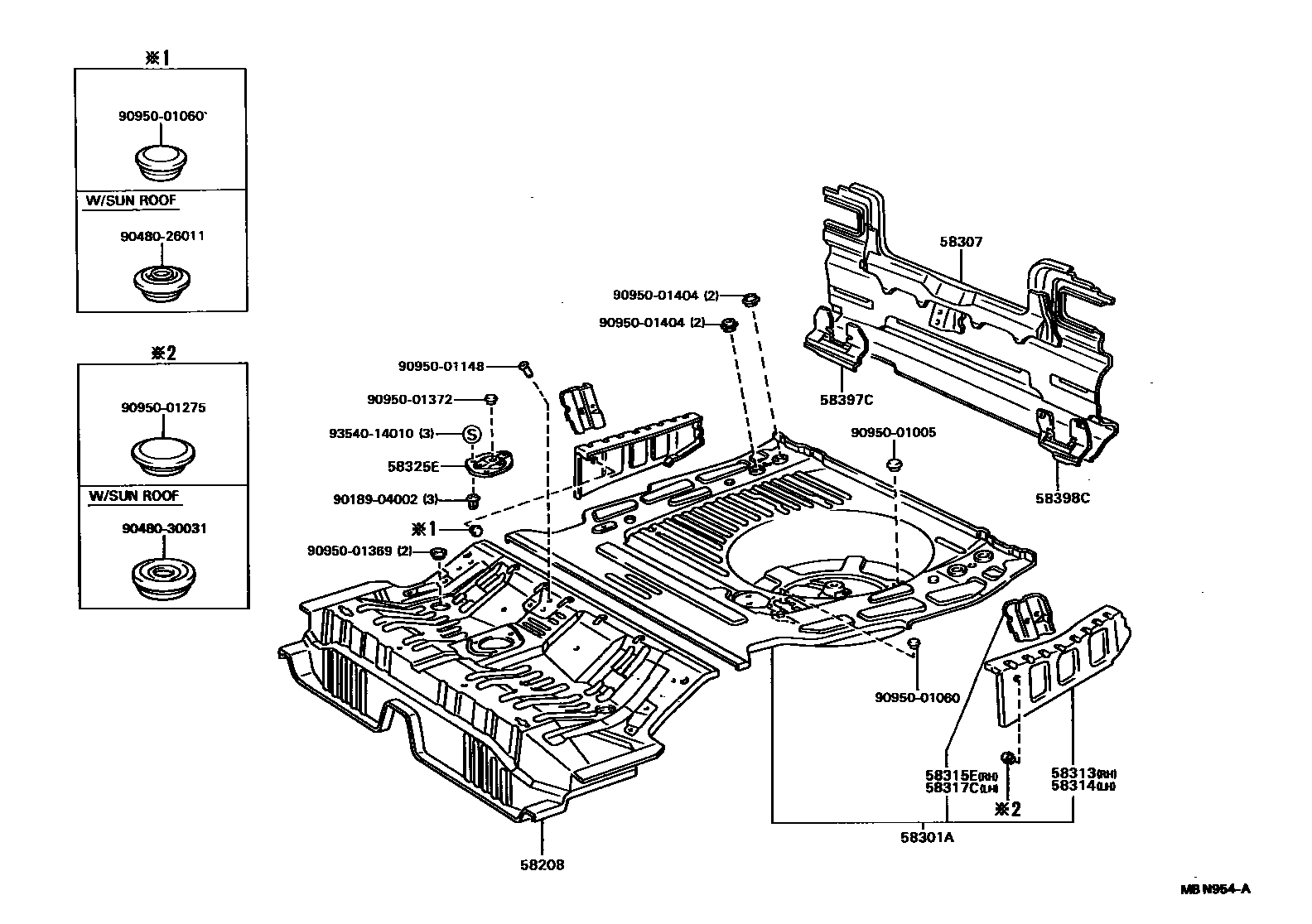 Toyota CAMRY 浅盘形地板和车身下背板 EPC diagram — MBN954A