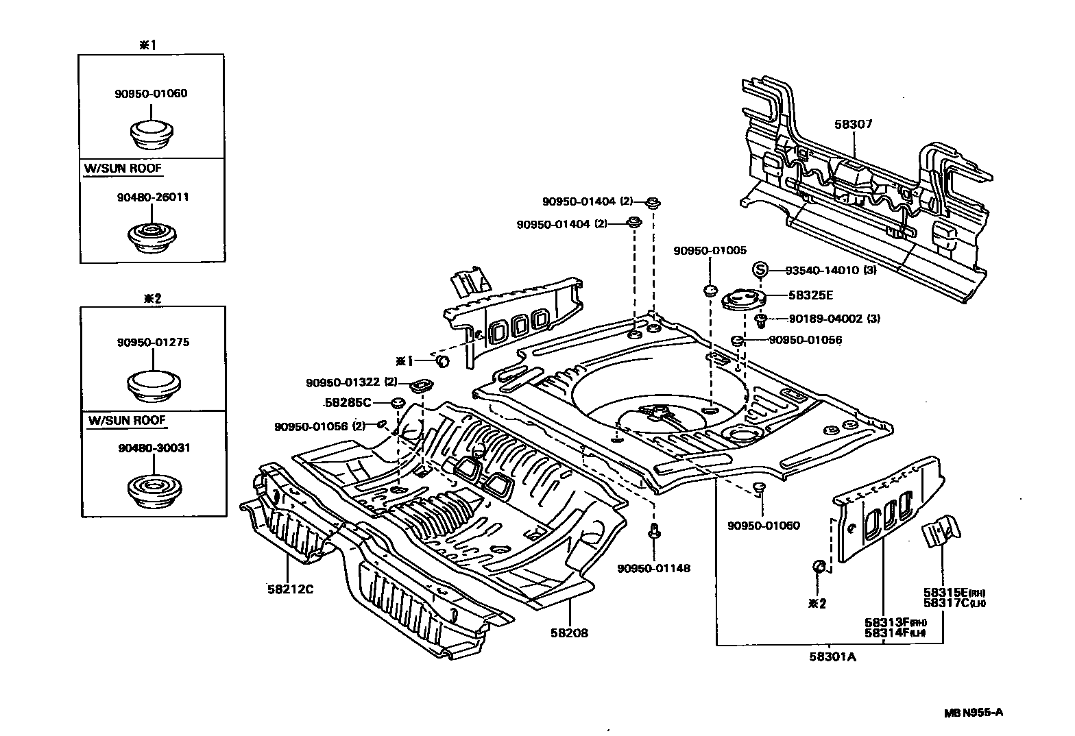 Toyota CAMRY 浅盘形地板和车身下背板 EPC diagram — MBN955A