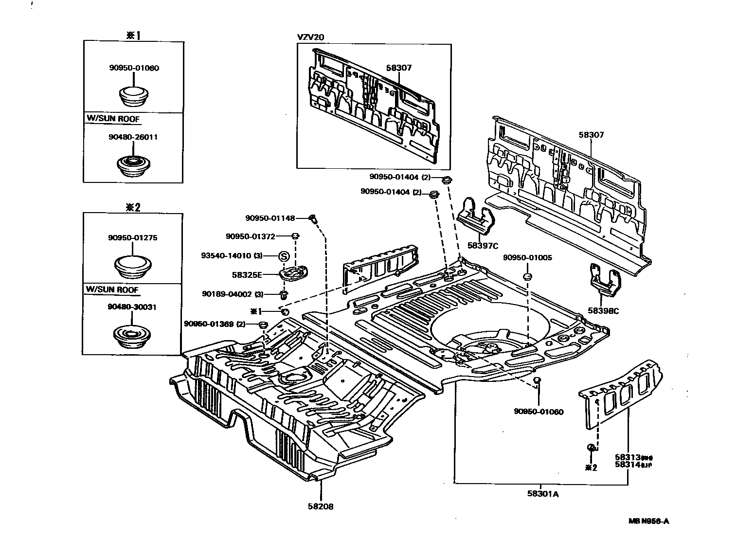 Toyota CAMRY 浅盘形地板和车身下背板 EPC diagram — MBN956A