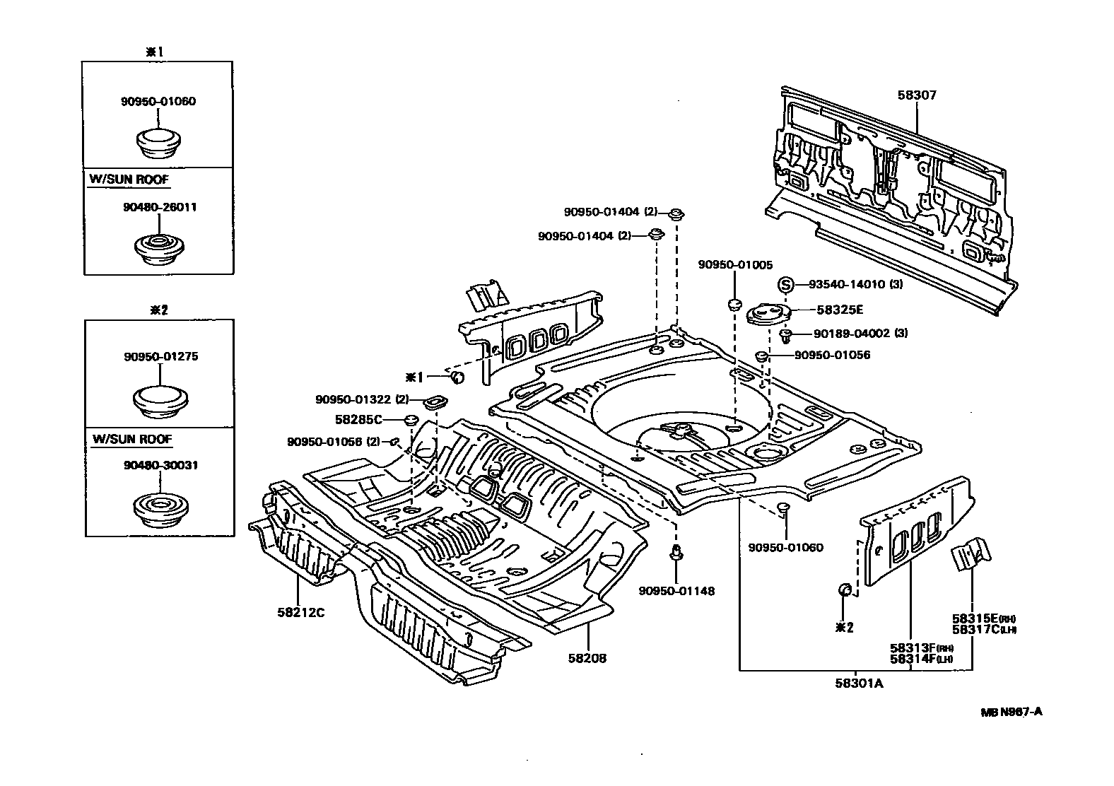 Toyota CAMRY 浅盘形地板和车身下背板 EPC diagram — MBN967A