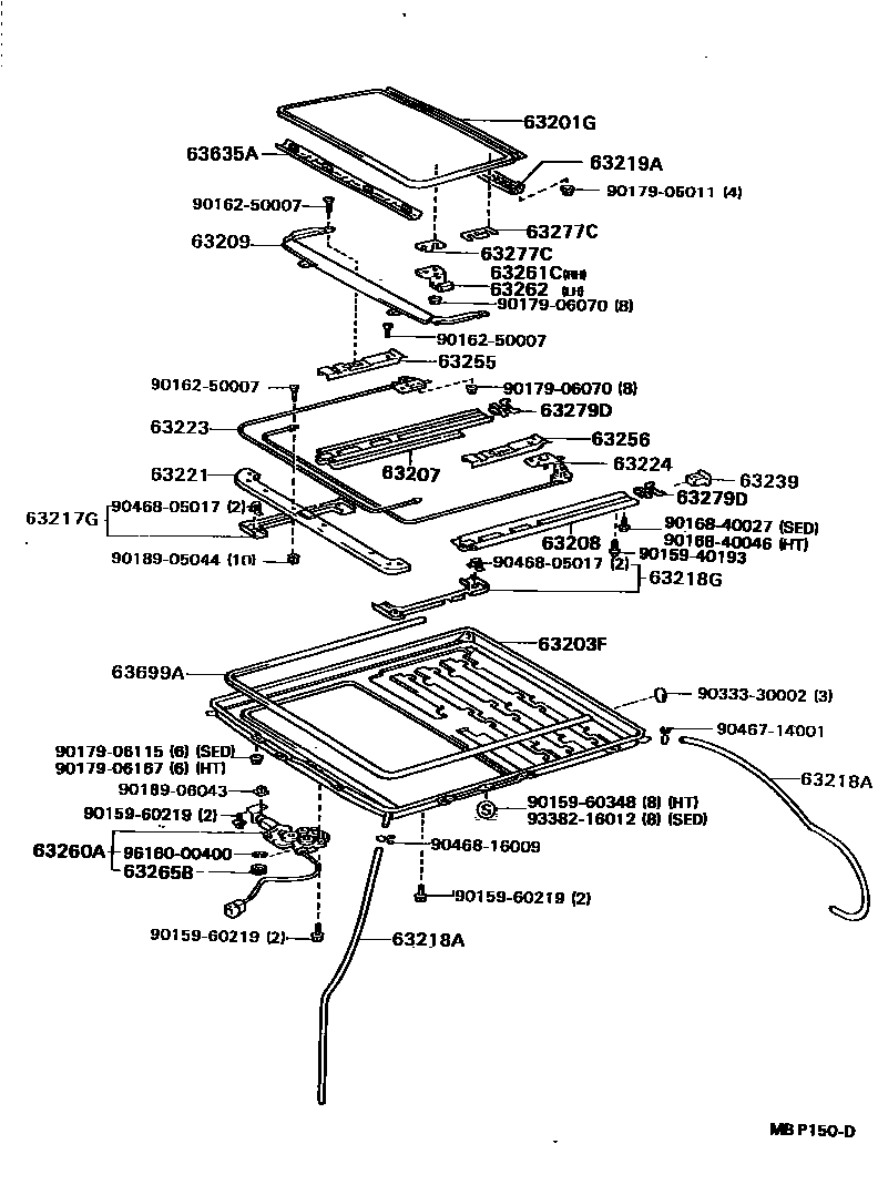 Toyota CAMRY 天窗板和背窗玻璃 EPC diagram — MBP150D
