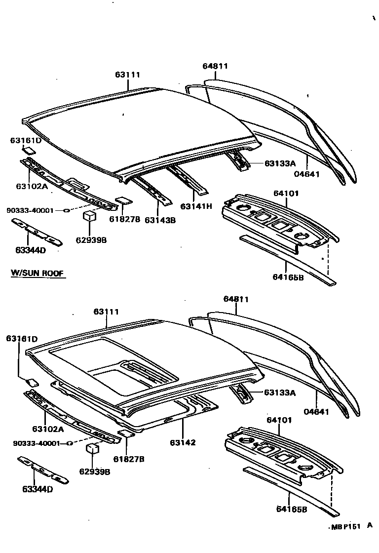 Toyota CAMRY 天窗板和背窗玻璃 EPC diagram — MBP151A