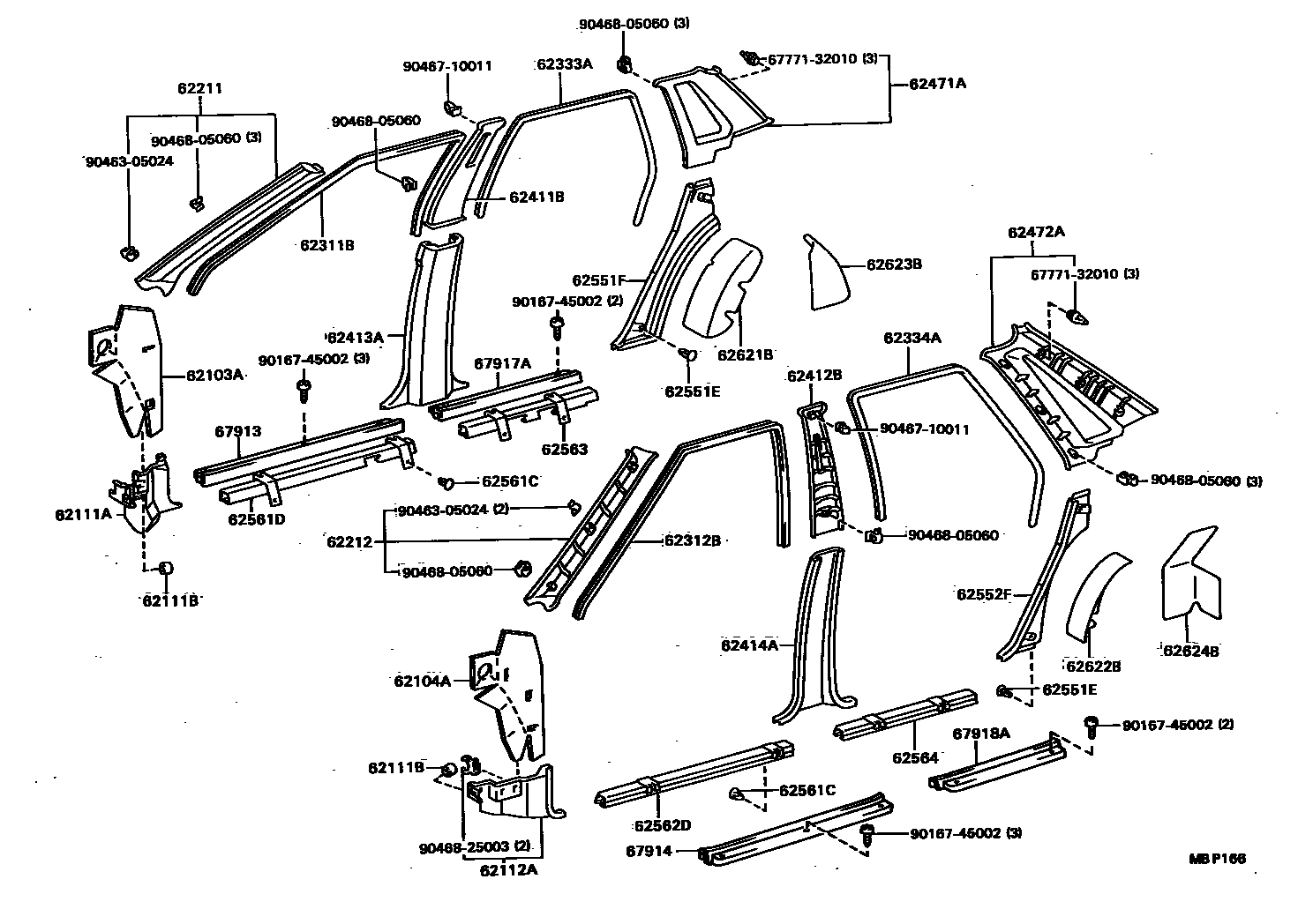 Toyota CAMRY 内饰板和车门防水胶条 EPC diagram — MBP166