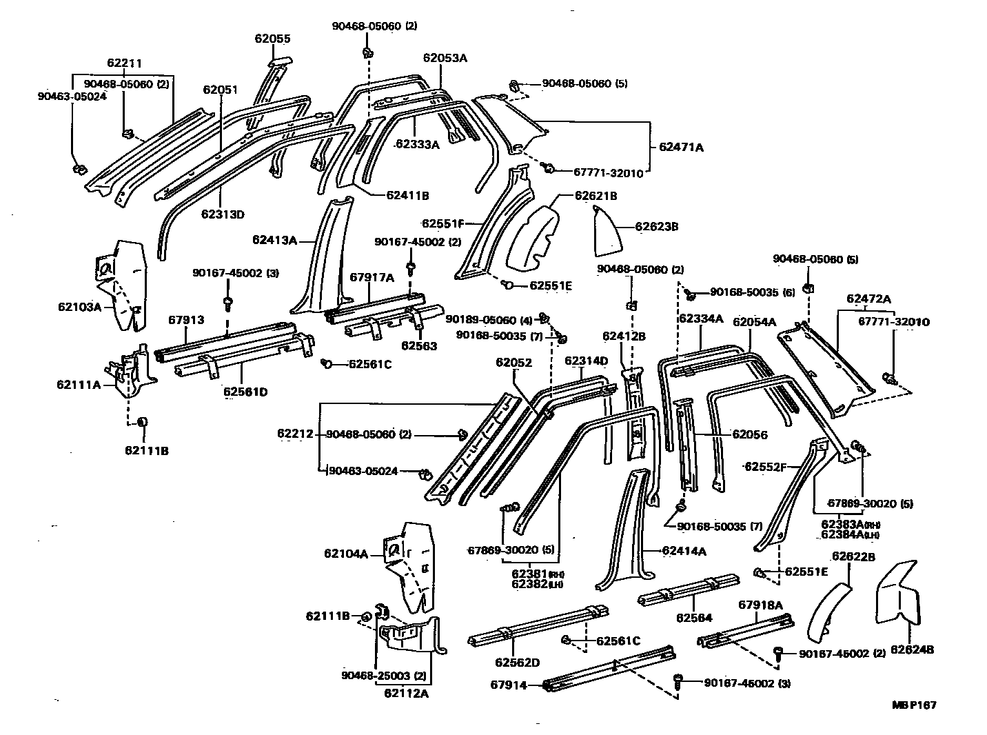 Toyota CAMRY 内饰板和车门防水胶条 EPC diagram — MBP167