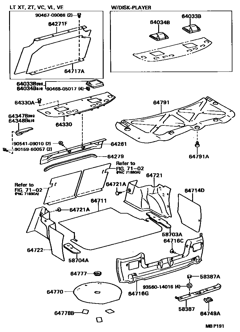 Toyota CAMRY 杂物箱板和行李箱垫 EPC diagram — MBP191