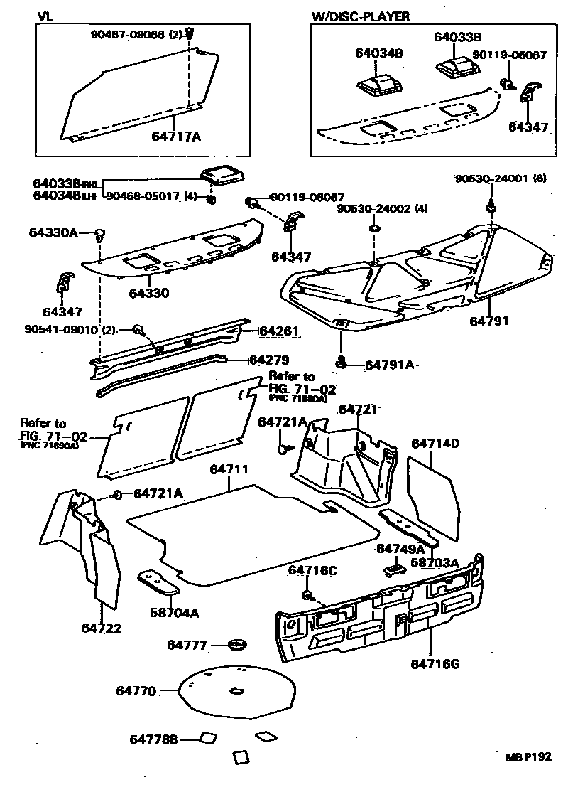 Toyota CAMRY 杂物箱板和行李箱垫 EPC diagram — MBP192
