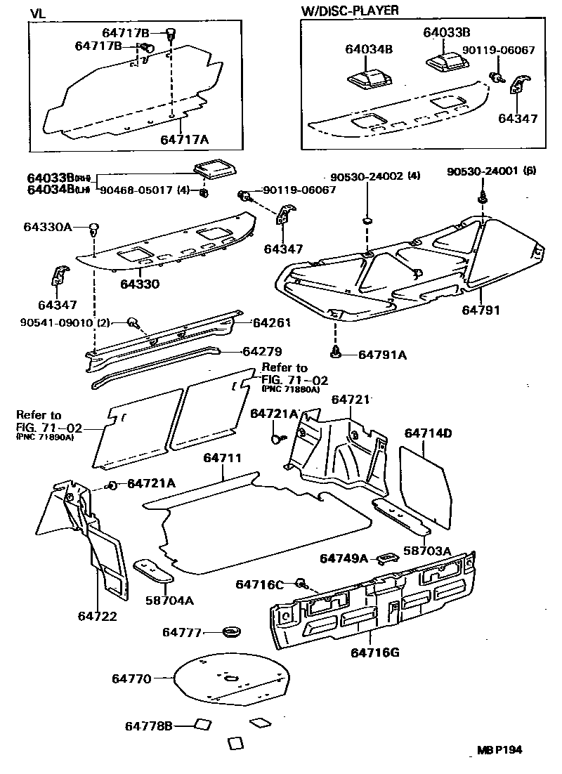Toyota CAMRY 杂物箱板和行李箱垫 EPC diagram — MBP194