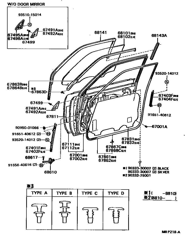 Toyota CAMRY 前门板和前门玻璃 EPC diagram — MBP218A