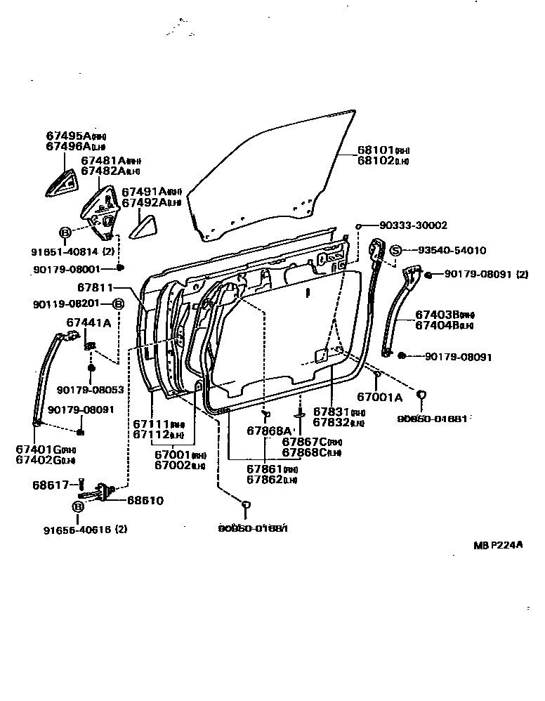 Toyota CAMRY 前门板和前门玻璃 EPC diagram — MBP224A