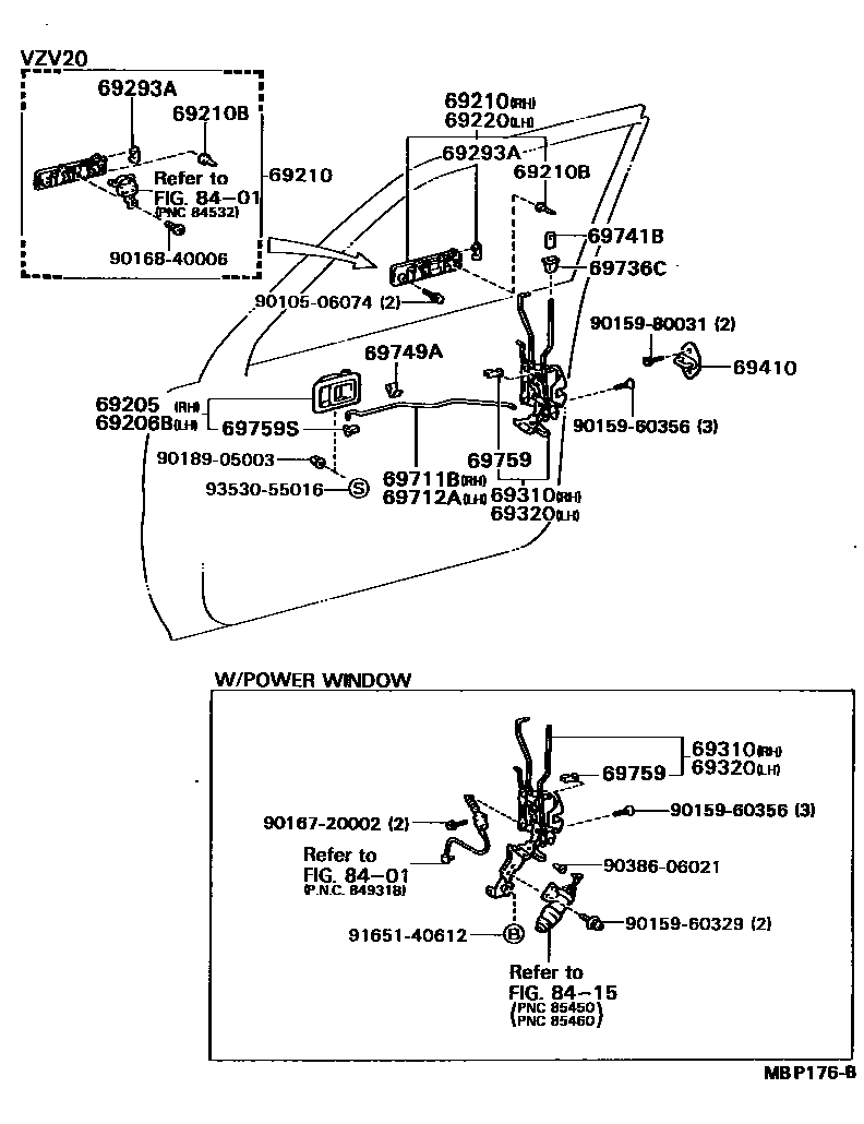 Toyota CAMRY 前门锁和车门把手 EPC diagram — MBP176B