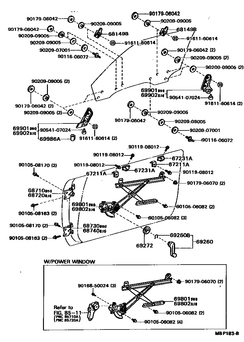 Toyota CAMRY 前门车窗升降器和合页 EPC diagram — MBP183B