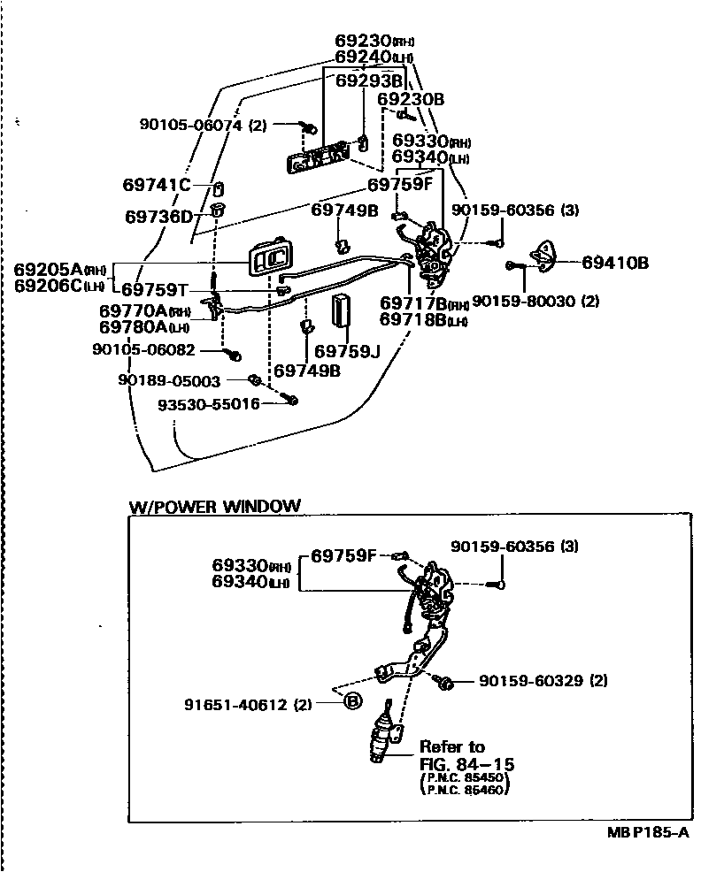Toyota CAMRY 后门锁和后门把手 EPC diagram — MBP185A