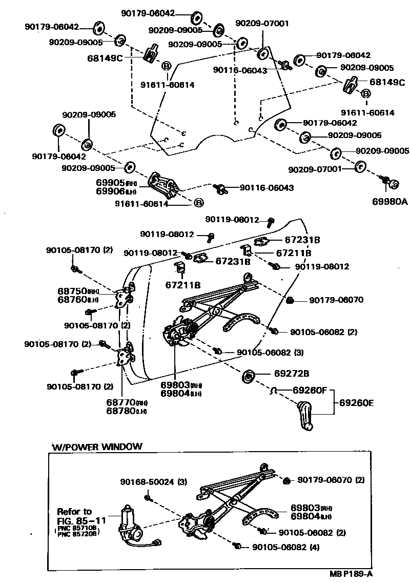 Toyota CAMRY 后门车窗升降器和合页 EPC diagram — MBP189A
