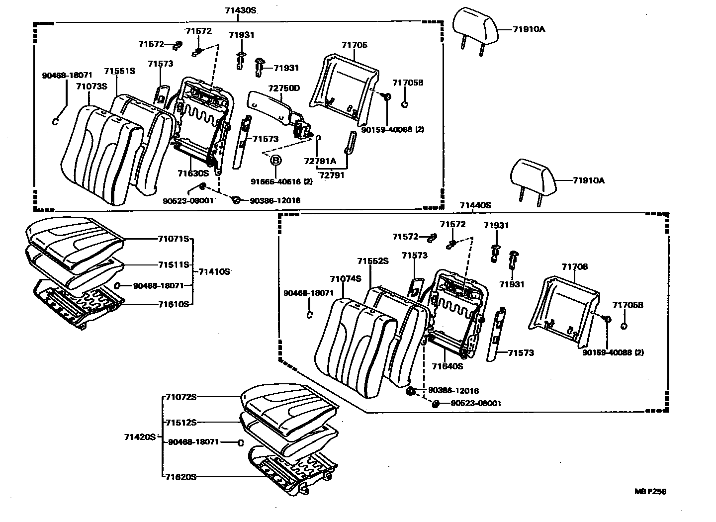 Toyota CAMRY 前排座椅和座椅滑轨 EPC diagram — MBP258