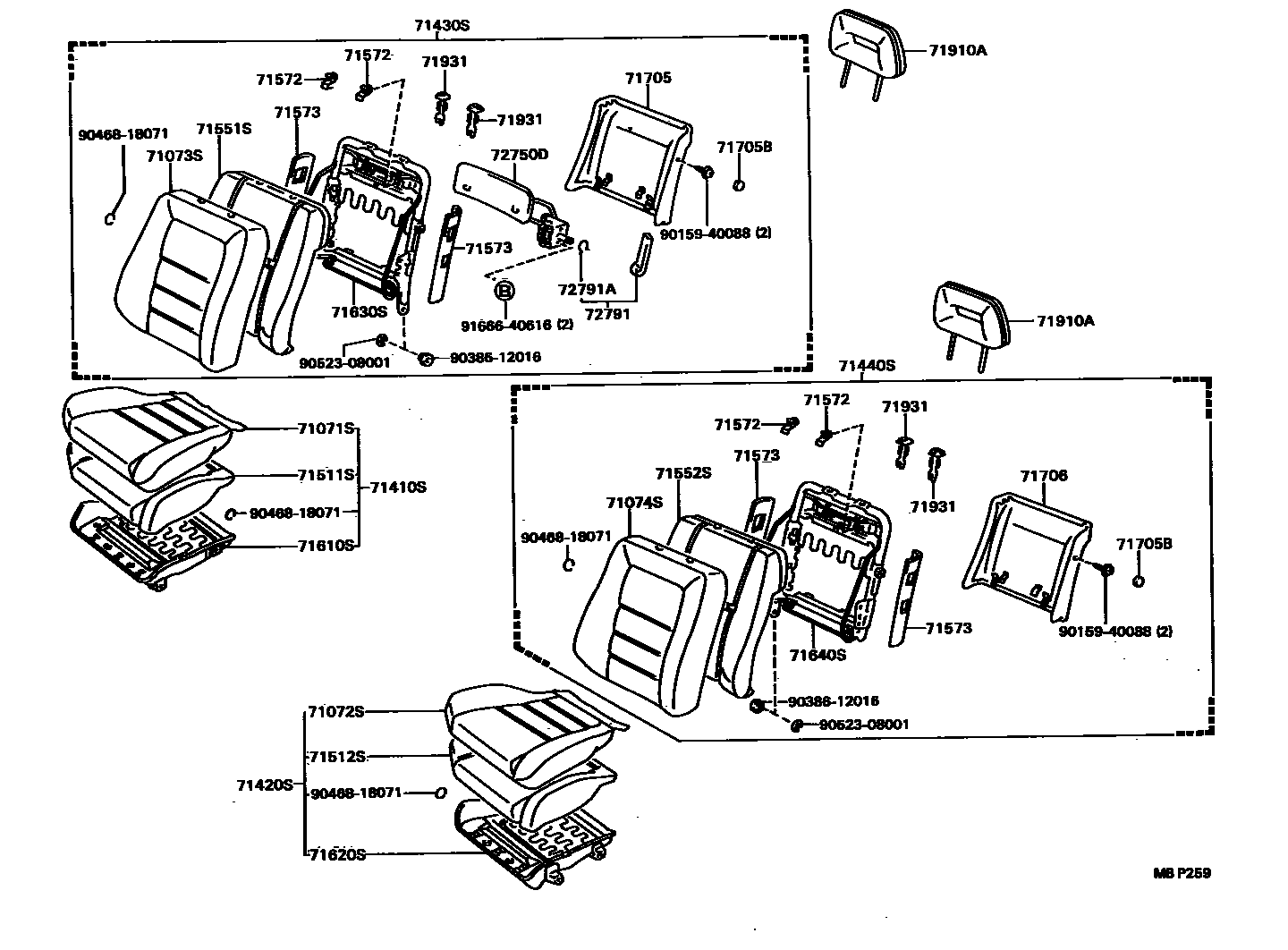 Toyota CAMRY 前排座椅和座椅滑轨 EPC diagram — MBP259