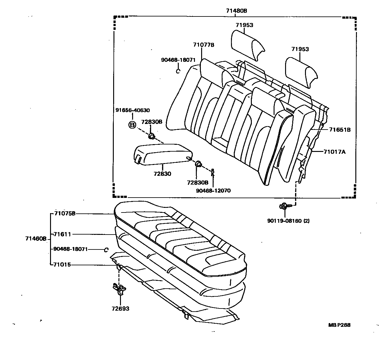 Toyota CAMRY 后排座椅和座椅滑轨 EPC diagram — MBP268