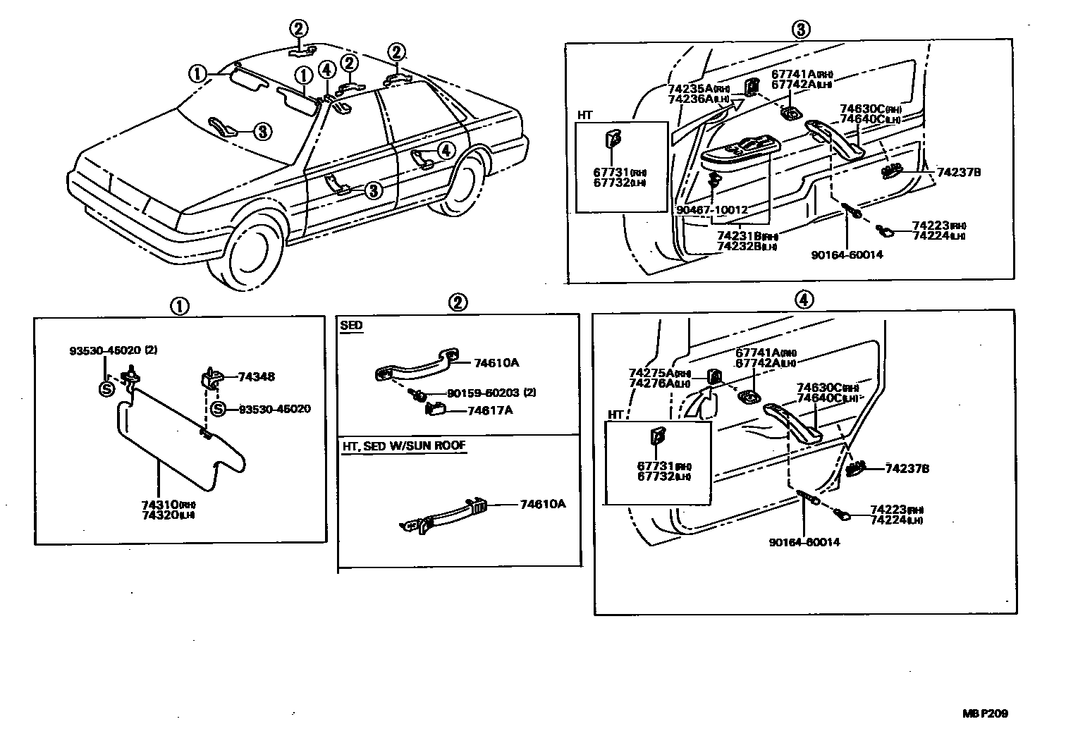 Toyota CAMRY 扶手和遮阳板 EPC diagram — MBP209