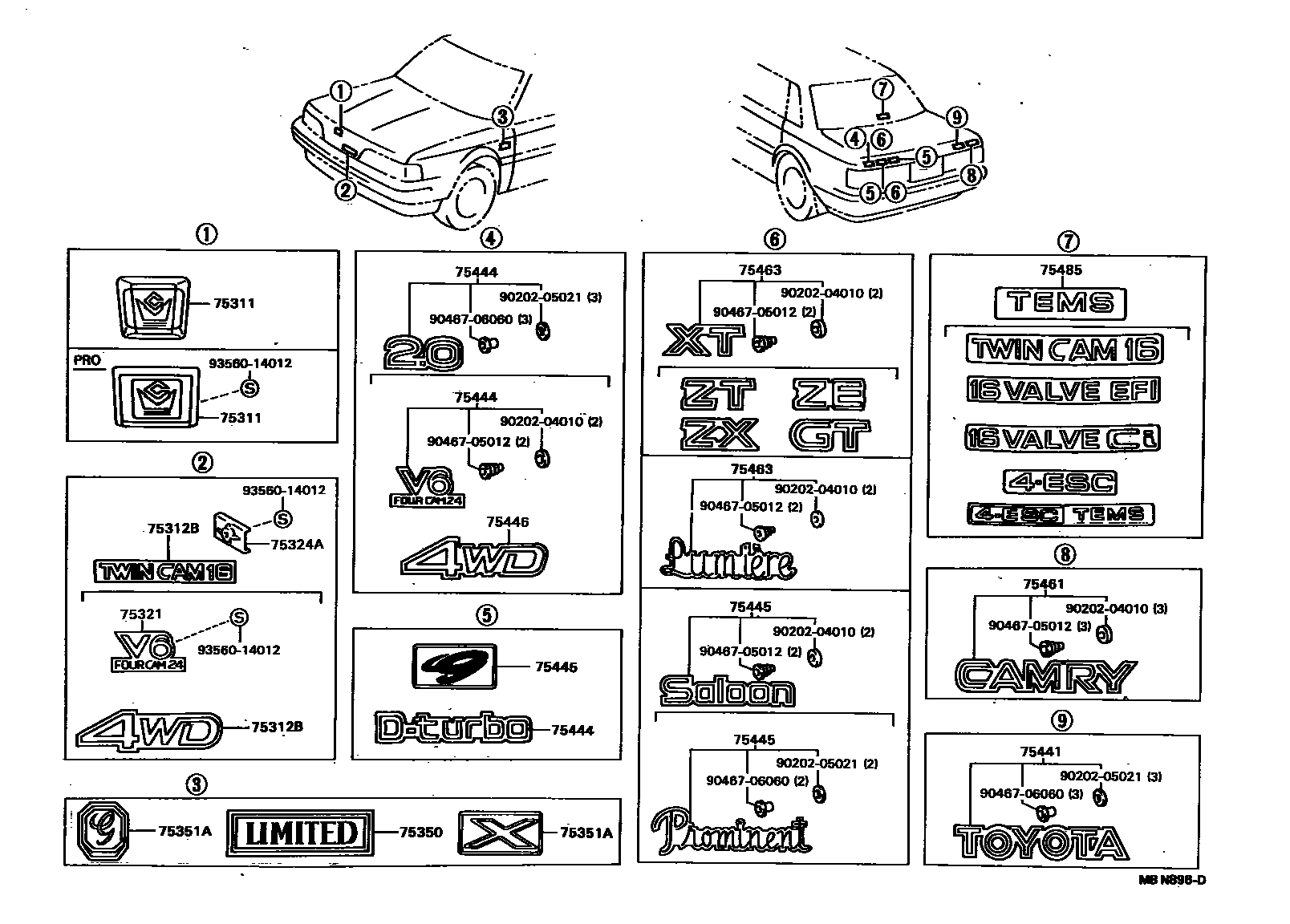 Toyota CAMRY 丰田徽标和铭牌(车外和车内) EPC diagram — MBN896D