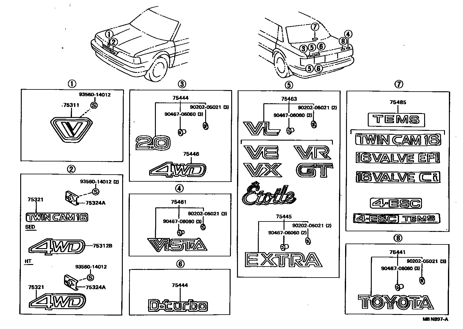 Toyota CAMRY 丰田徽标和铭牌(车外和车内) EPC diagram — MBN897A