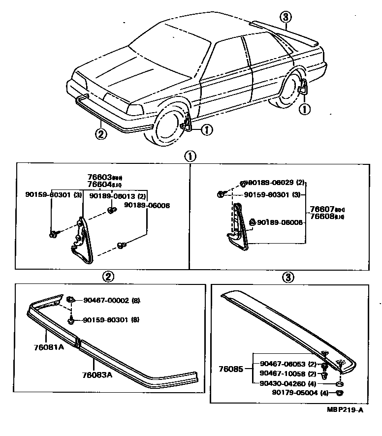Toyota CAMRY 挡泥板和扰流板 EPC diagram — MBP219A