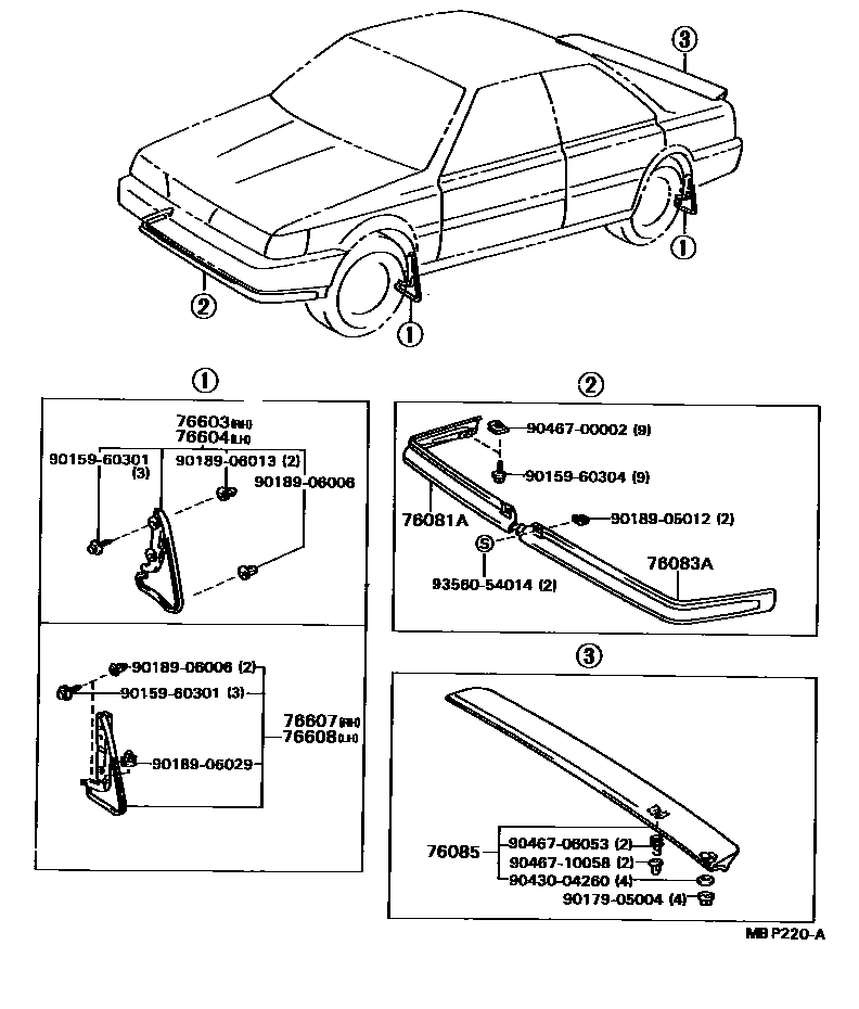 Toyota CAMRY 挡泥板和扰流板 EPC diagram — MBP220A