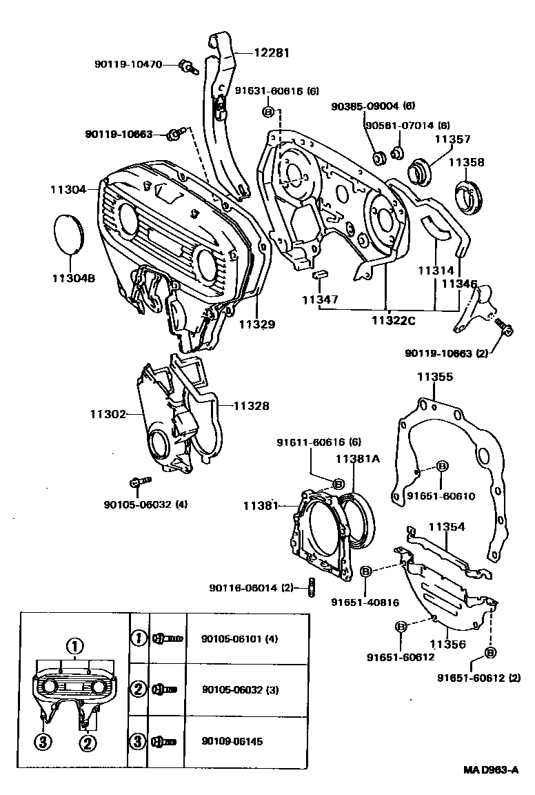 Toyota CAMRY Timing Gear Cover & Rear End Plate EPC diagram — MAD963A
